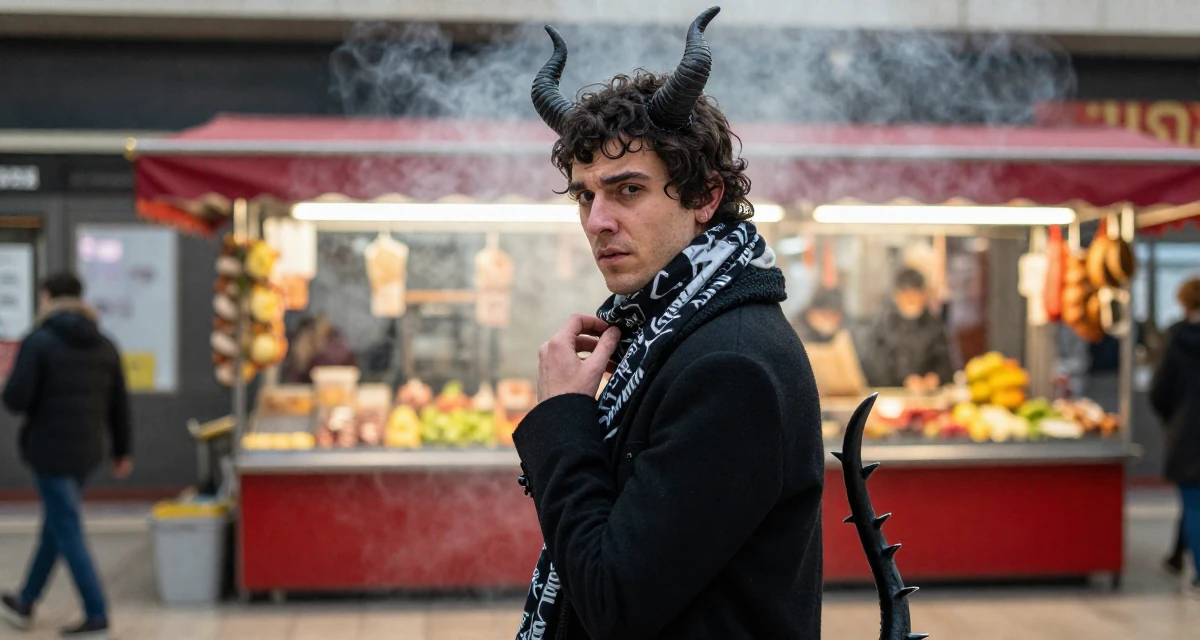 A sincere male From Spain, majored in journalism in their 22, feeling the sting of zero new subs after hours of effort, wearing a demon girl outfit with horns and a spiked tail, adjusting a scarf in a subway station.