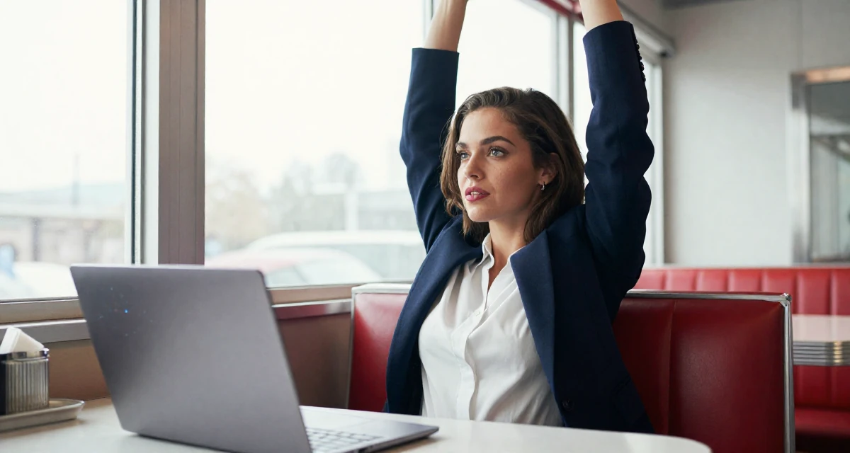 A inspired Female Once a babysitter, now documenting grown-up self-expression in their 32, looking at the world with a cynical edge, wearing a sharp business casual attire, applying lipstick in a retro 50s diner.