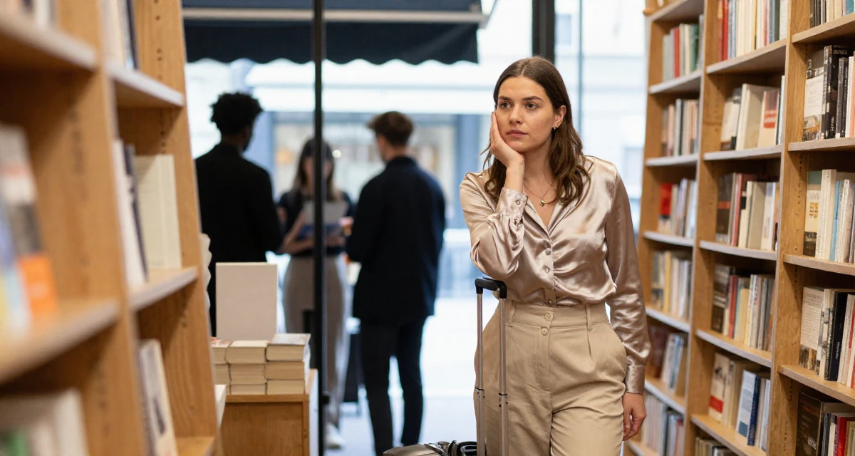 A enigmatic Female From the Netherlands, studied user experience design in their 43, mentoring young professionals in the field, wearing a high-waisted beige trousers and a tucked-in satin blouse, pulling a suitcase in a bookstore aisle.
