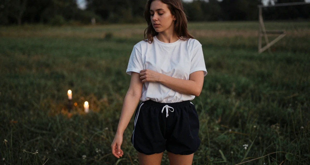 A absent-minded Female From Hungary, has a background in physical education in their 24, hitting creative block but needing income anyway, wearing a school gym uniform with bloomers and a white t-shirt, adjusting sleeves in a farm field.