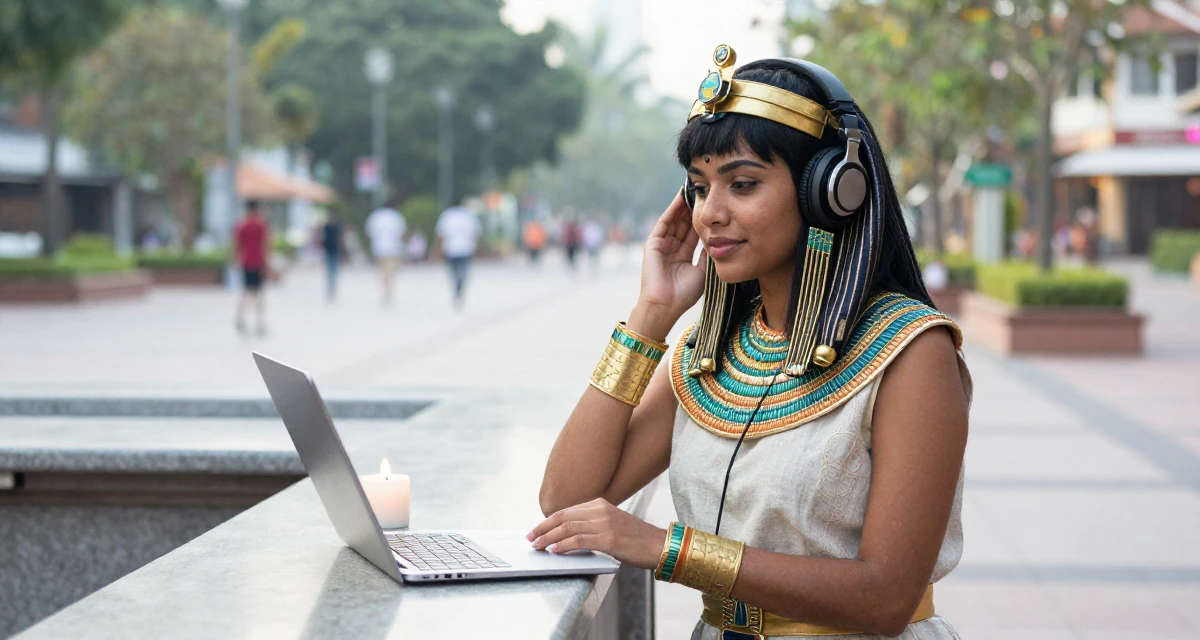 A magnetic Female From Malaysia, majored in international business in their 23, shifting from impulsiveness to intentional planning, wearing a egyptian queen costume with gold collar and linen, listening to music with headphones in a pedestrian plaza.