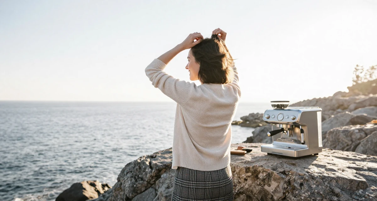 A cheerful Female From Stockholm Sweden, studied minimalist aesthetics and body symmetry in their 39, building a brand around authentic storytelling, wearing a classic librarian style cardigan and a plaid skirt, retouching hair volume in a rocky ocean cliff.