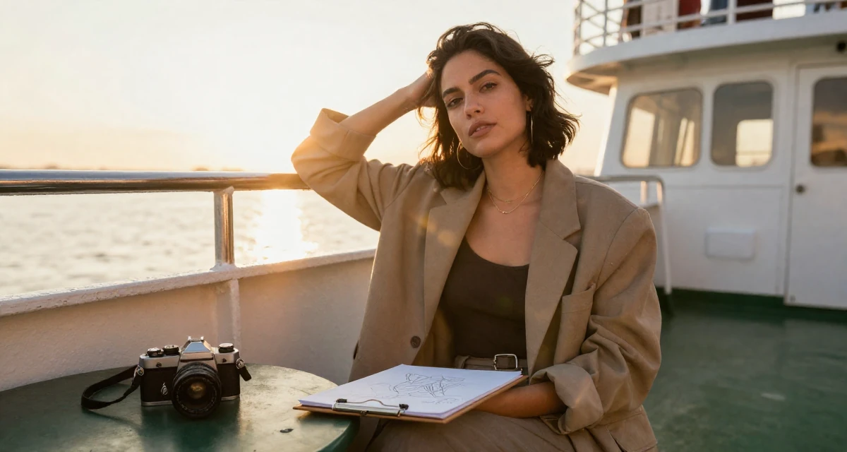 A relaxed Female From Brazil, based in Curitiba, graduated from a regional college majoring in advertising design in their 25, considering expanding into TikTok or Reddit promo, wearing a oversized blazer draped over the shoulders, sketching on a pad in a ferry deck.