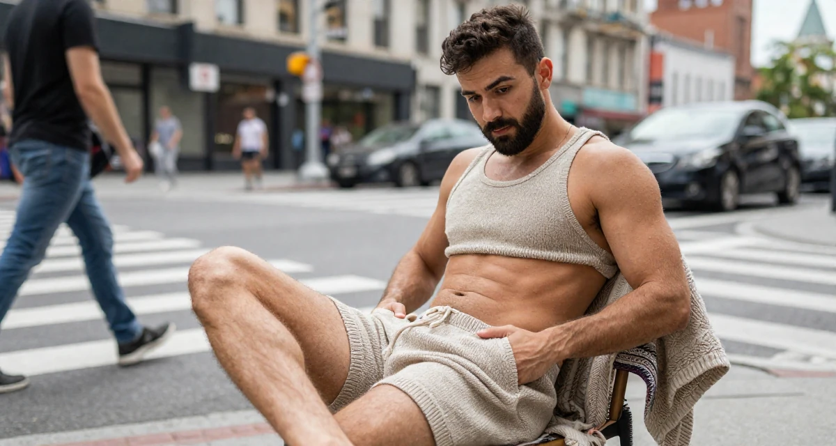 A curious and focused male Once a junior bar worker, now a nightlife-themed creator in their 25, managing inconsistent confidence when creating content, wearing a knitted loungewear shorts and a matching tiny top, sliding a hand into a pocket in a busy intersection.