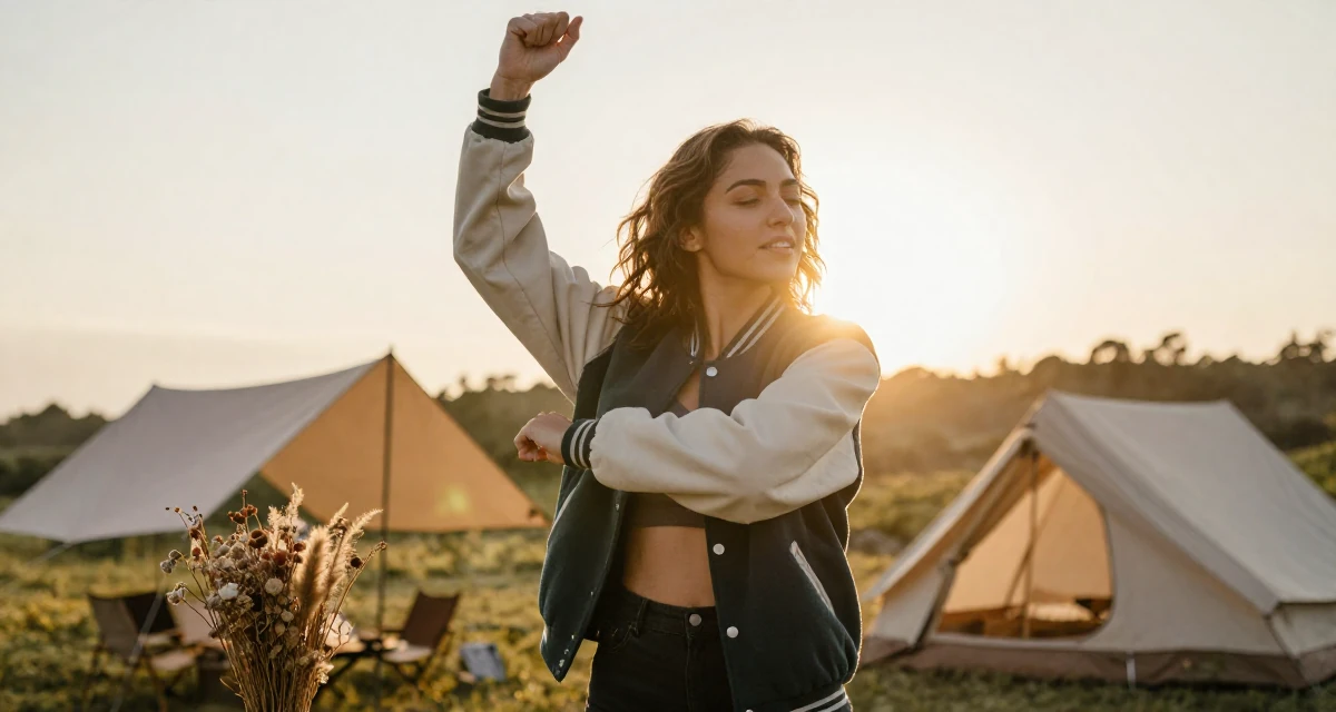 A victorious Female Once a ballet dropout, now redefining movement through intimate expression in their 33, embracing a solo travel lifestyle, wearing a casual varsity jacket look, shifting weight impatiently in a camping site.