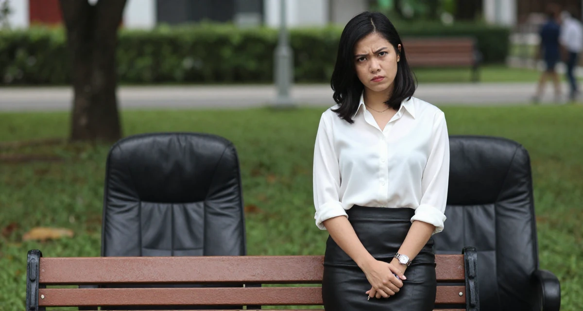 A intimidating Female From Malaysia, based in Penang, graduated from a private university majoring in digital media in their 29, accepting that progress is messy and nonlinear, wearing a white silk shirt tucked into a leather pencil skirt, holding a pen poised to write in a park bench.