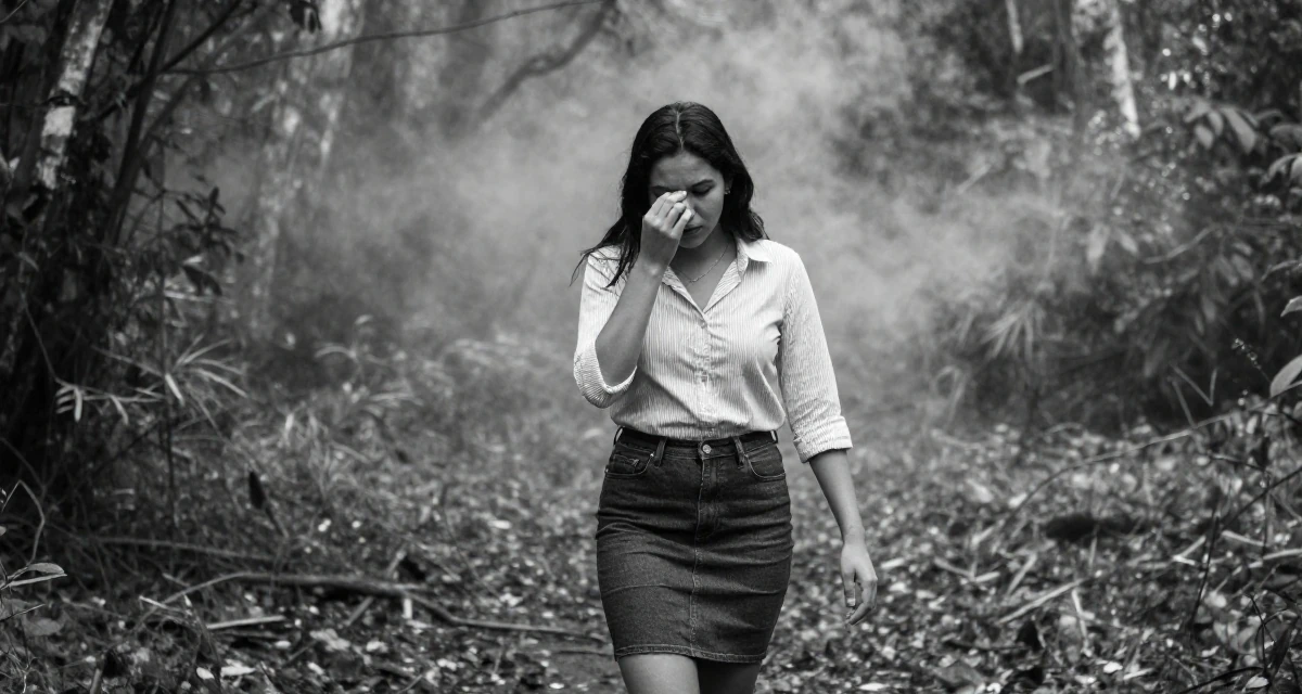 A lonely Female From Guatemala, studied computer networks in their 29, battling algorithm changes that destroy momentum, wearing a striped button-down shirt tucked into a denim pencil skirt, rubbing eyes in a dense misty forest.