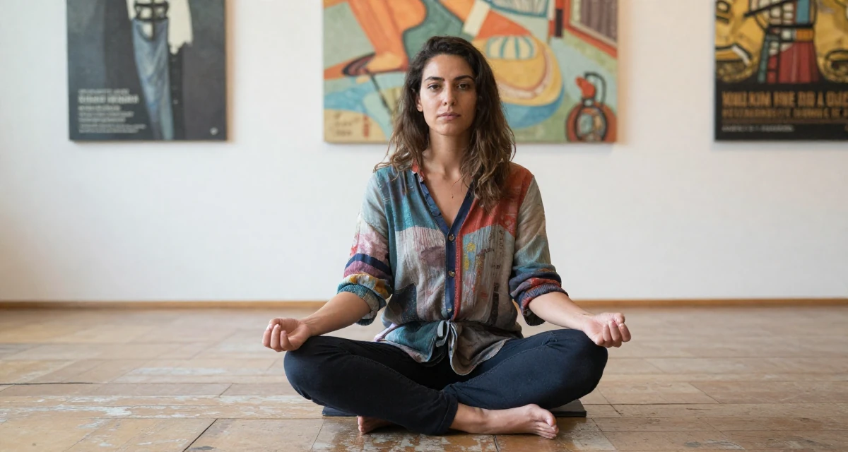 A assertive Female From Greece, studied philology in their 35, teaching financial literacy to other women, wearing a artistic layered clothing, gripping a lapel in a art gallery hall.