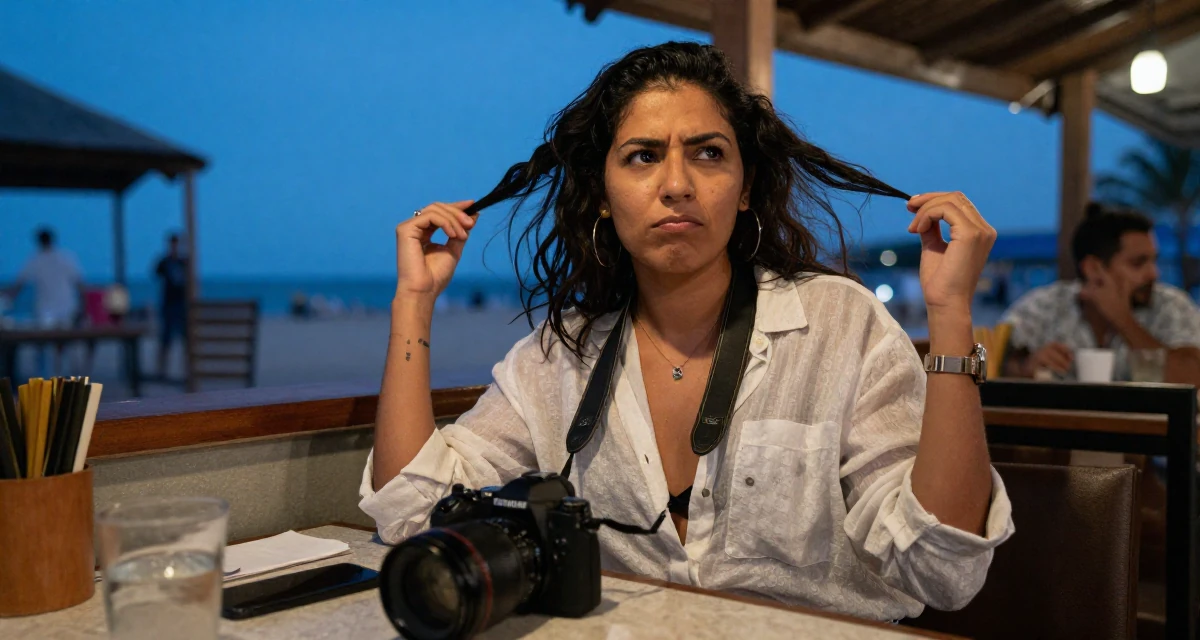 A rebellious Female From Mexico, studied cultural studies in their 41, focusing on financial independence and investing, wearing a translucent linen shirt worn over a swimsuit, holding a camera in a restaurant booth.