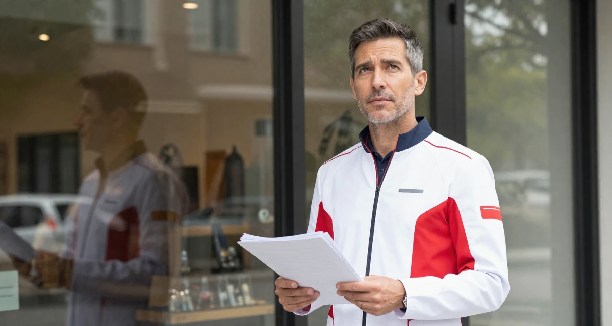 A expectant male From USA, studied anthropology and folklore in their 43, sophisticated travel vlogger for mature women, wearing a futuristic medic uniform with white and red details, carrying a stack of documents in a modern apartment.