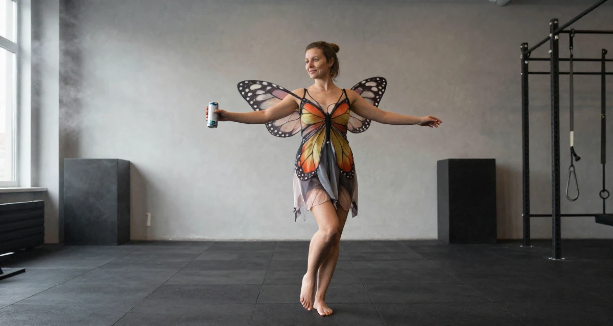 A sympathetic Female From Finland, studied graphic design and branding in their 47, preparing for empty-nest life, wearing a butterfly-themed fairy dress with large wings, holding a beverage can in a gym interior.