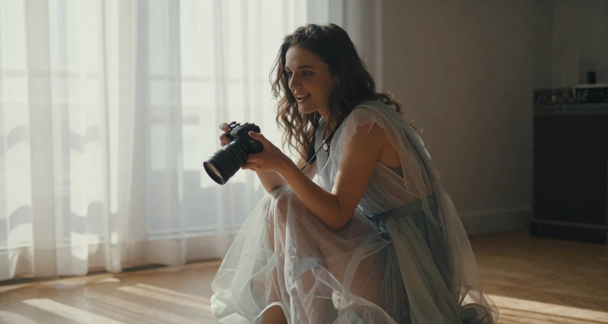 A charismatic Female From France, based in Lyon, graduated from an arts school majoring in fashion communication in their 25, testing personal boundaries through new experiences, wearing a ethereal spirit dress made of flowing sheer chiffon, holding a camera in a concert hall.