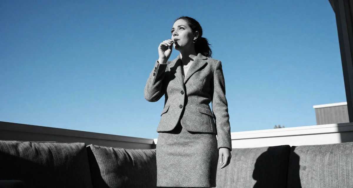 A charming Female From Canada, majored in sociology and gender studies in their 22, learning how to avoid scams and risky promo offers, wearing a grey wool skirt suit with a fitted jacket, humming a tune visually in a sunlit living room.