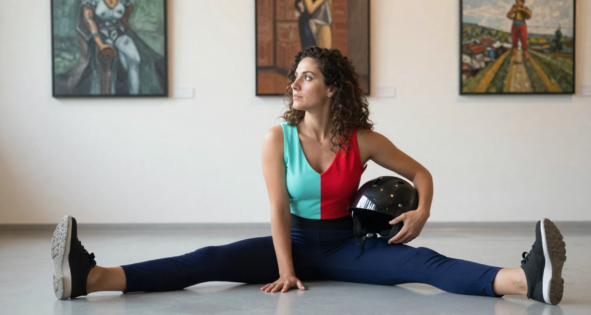 A sensual Female From Angola, majored in logistics operations in their 25, figuring out boundaries while trying small photo sets, wearing a bold color-block outfit, holding a helmet under one arm in a art gallery hall.