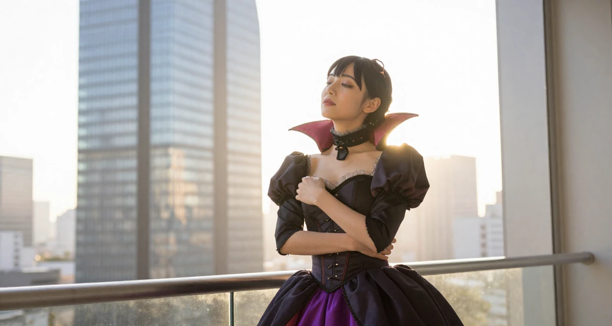 A dreamy Female From Osaka Japan, holds a degree in animation design in their 22, learning that fans disappear as fast as they come, wearing a vampire queen gown with a high collar and corset, taking a deep breath in a high-rise office building.