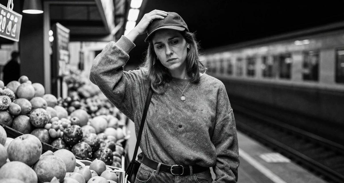 A troubled Female From Poland, majored in international relations in their 31, balancing career peaks with personal downtime, wearing a relaxed streetwear, tipping a hat in a subway platform.