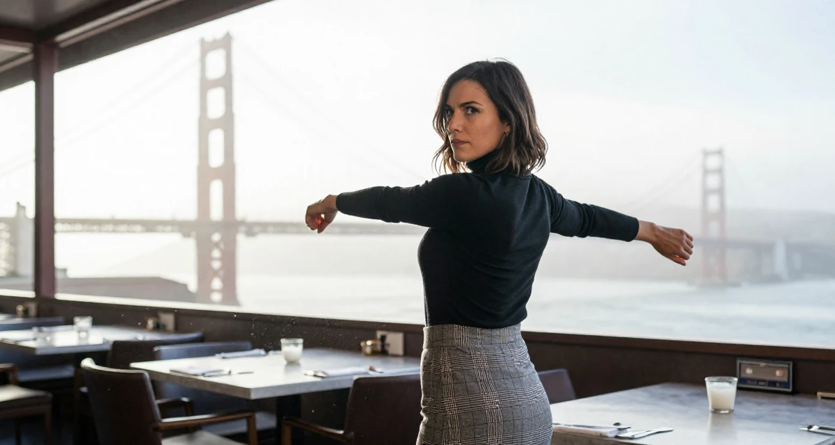 A suspicious Female Former swim team athlete, now building a fitness-focused fanbase in their 24, managing emotional highs and lows of early adulthood, wearing a classic black turtleneck tucked into a plaid midi skirt, stretching arms in a high-end restaurant.