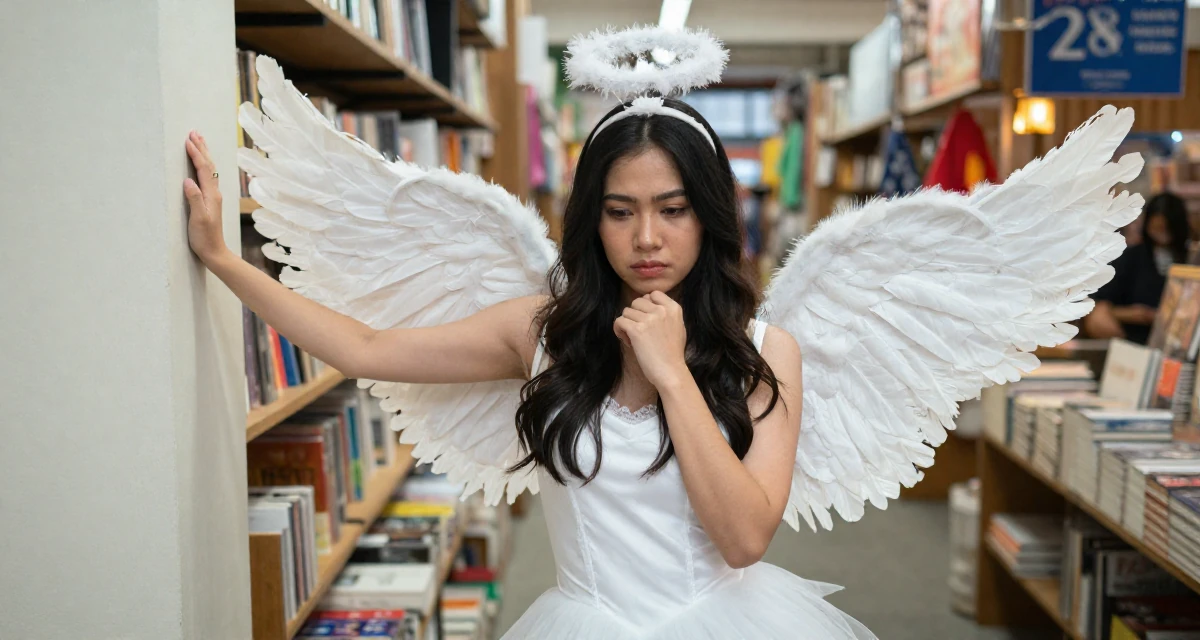 A dazed Female From Thailand, studied hospitality management in their 49, noticing early burnout signs, wearing a angel costume with large feathered wings and a halo, clasping hands together in a bookstore aisle.