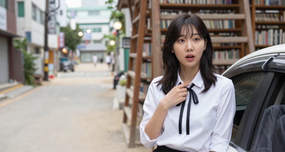A surprised Female From Seoul South Korea, studied K-style beauty and content editing in their 23, building content while fighting the urge to quit every week, wearing a white shirt with a black ribbon tie, touching a necklace in a old library with wooden ladders.