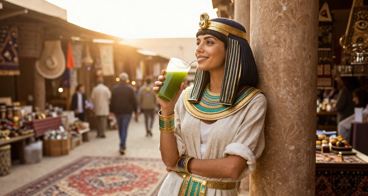 A hopeful Female From France, has a background in luxury brand management in their 24, wearing activewear and holding a green juice, wearing a egyptian queen costume with gold collar and linen, rolling up sleeves in a bustling market.