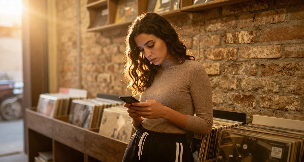 A melancholic Female Raised in Morocco, studied international marketing in their 22, joining creator communities for tips and support, wearing a mesh paneled bodysuit and track pants, texting with both thumbs in a vintage record store.