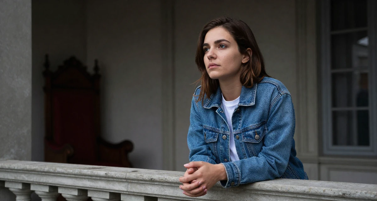 A dazed Female From Switzerland, studied finance and banking in their 21, planning a gap year to escape reality, wearing a classic denim jacket and white tee, clasping hands together in a royal palace throne room.