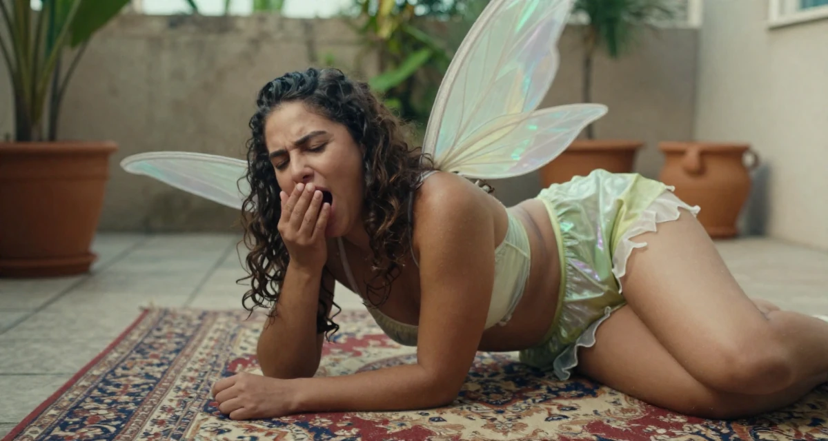 A hopeful Female From São Paulo Brazil, studied digital entertainment in their 43, documenting a weight loss maintenance journey, wearing a fairy costume with translucent iridescent wings, stifling a yawn in a sunny patio.