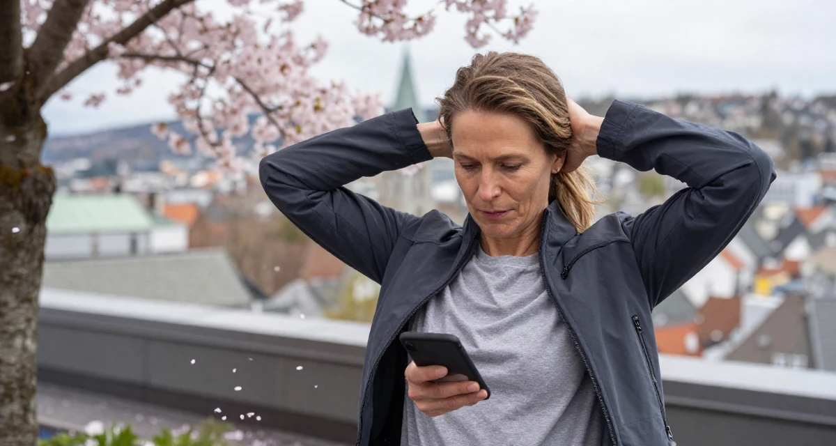 A lonely Female From Bergen Norway, studied business economics in their 40, prioritizing longevity and functional fitness, wearing a structured jacket with casual tee, checking a phone in a rooftop garden.