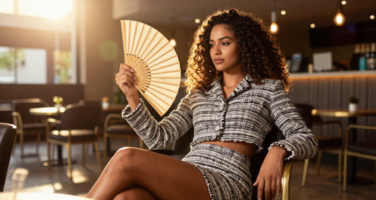 A calm Female From Mauritius, studied digital marketing in their 23, feeling the thrill of posting a bold outfit for the first time, wearing a cropped tweed jacket and a high-waisted mini skirt, fanning self with a hand in a cinema lobby.