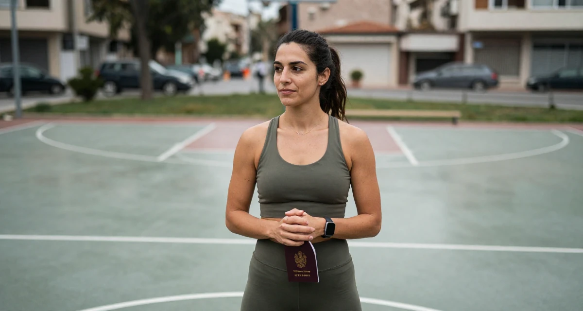 A sincere Female Born in Cyprus, studied tourism development in their 36, sharing realistic fitness routines for busy people, wearing a muted olive green tones, holding a passport in a basketball court.