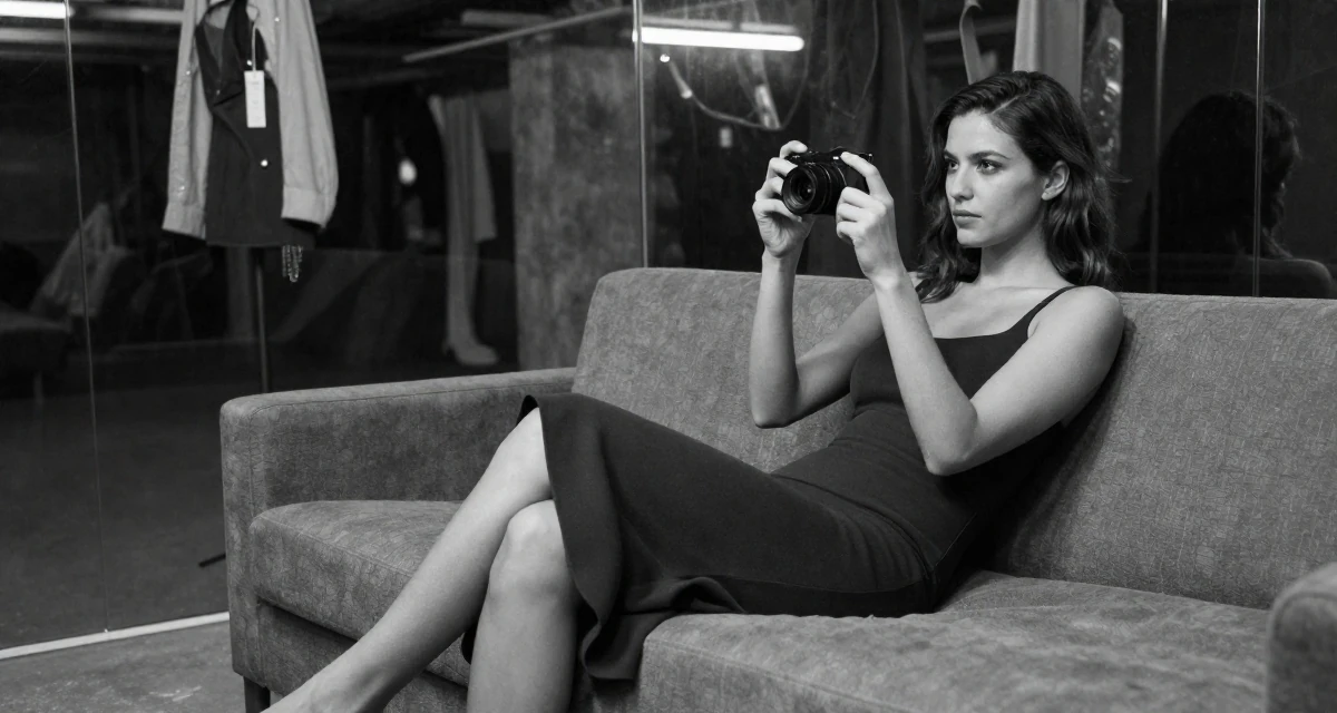 A composed Female From Spain, based in Barcelona, graduated from a fashion institute majoring in body styling in their 23, refining video style through trial and error, wearing a long pencil skirt with a high side slit, taking a photo in a basement studio.