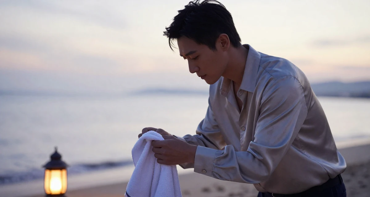 A sentimental male Once a photography assistant, now starring in her own visual stories in their 39, prioritizing quality over quantity in life, wearing a silk blouse with oversized cuffs, holding a gym towel in a sunset beach.