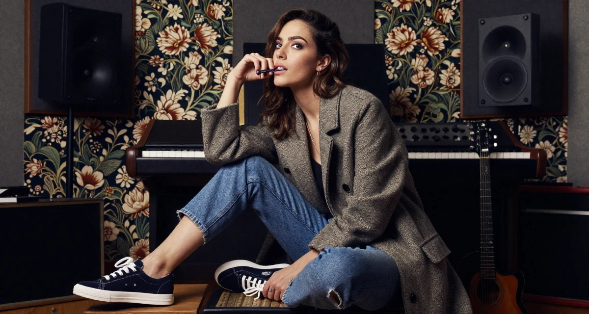 A lighthearted Female From Italy, studied graphic design in their 46, creating a sanctuary at home for relaxation, wearing a tailored coat with casual sneakers, chewing on a pen thoughtlessly in a music studio.