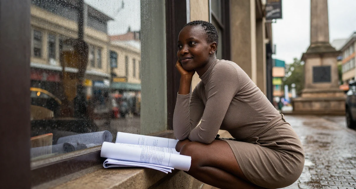 A softly smiling Female From Nairobi Kenya, holds a degree in communications in their 23, staring pensively out a rain-streaked window, wearing a mini wrap skirt and a fitted long-sleeve top, leaning head on a hand in a historic downtown.
