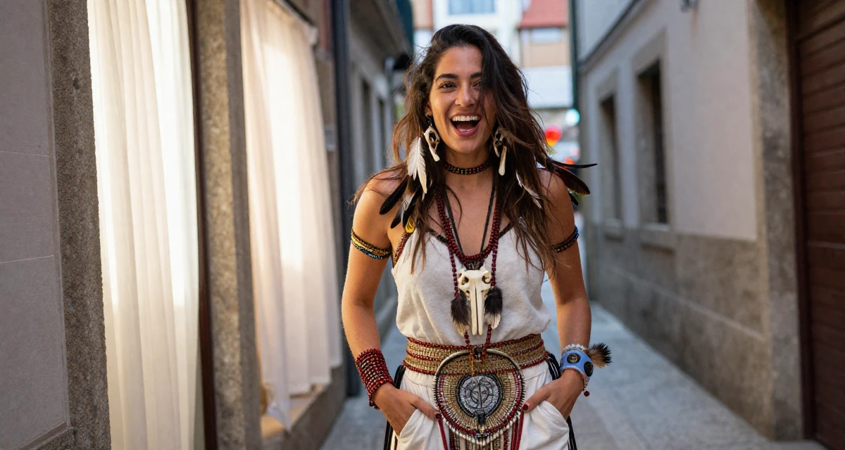 A ecstatic Female From Portugal, based in Porto, graduated from a polytechnic majoring in visual media in their 25, recognizing the value of mentorship and guidance, wearing a tribal shaman outfit with feathers and bones, brushing hair away from the face in a neon-lit alleyway.