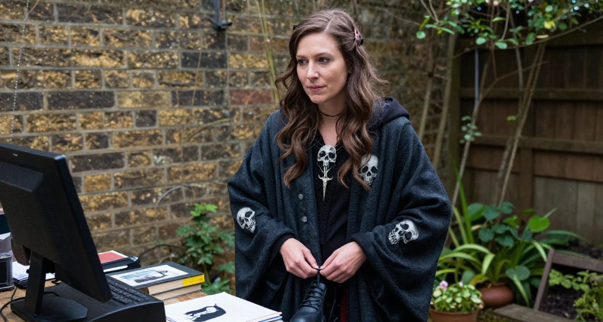 A poised Female Former retail cashier, now monetizing aesthetic self-portraits in their 46, passionate about classic literature and arts, wearing a dark fantasy necromancer robe with skull motifs, tying a shoelace in a backyard garden.