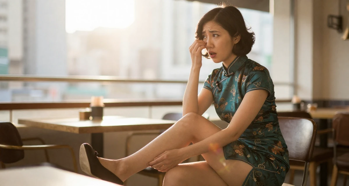 A stunned Female From Hong Kong, majored in graphic design in their 24, establishing a distinct professional reputation, wearing a Chinese qipao (cheongsam) modified with a high slit, rubbing eyes in a cozy café.