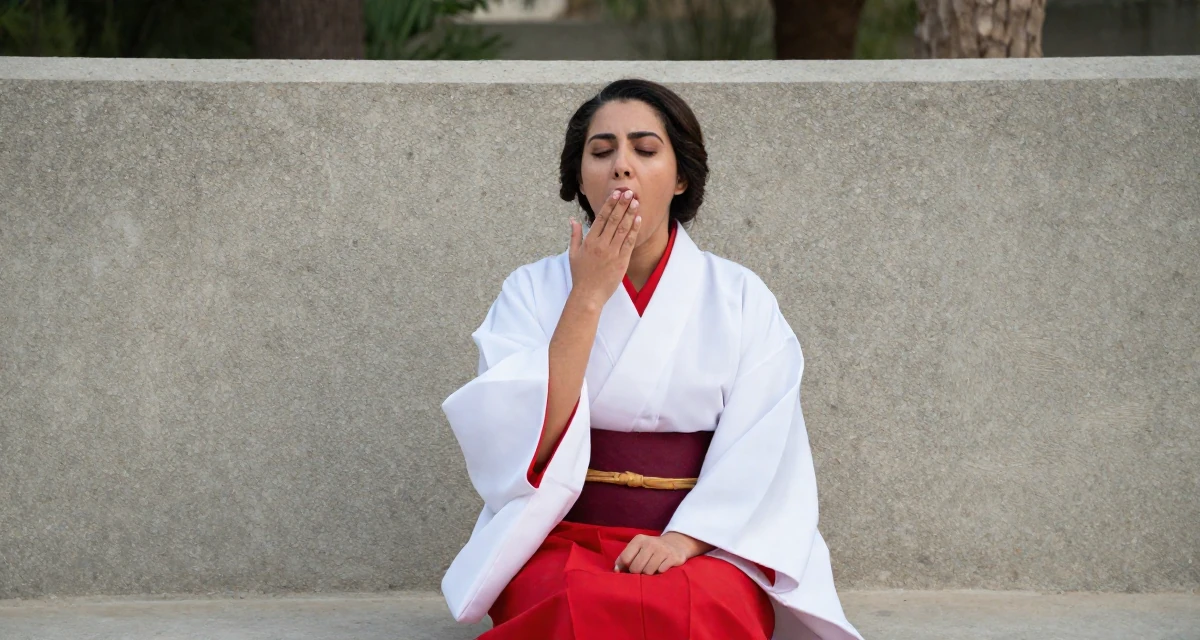 A bold and charismatic Female From Dubai UAE, majored in luxury branding and lifestyle presentation in their 22, scheduling posts to reduce last-minute stress, wearing a traditional Japanese miko priestess robe in red and white, yawning discreetly in a quiet park.