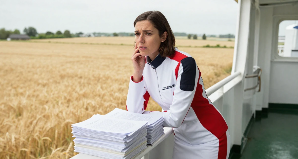 A emotional Female From Ireland, majored in creative media production in their 25, rethinking long-term career trajectory, wearing a futuristic medic uniform with white and red details, pausing mid-step in a ferry deck.