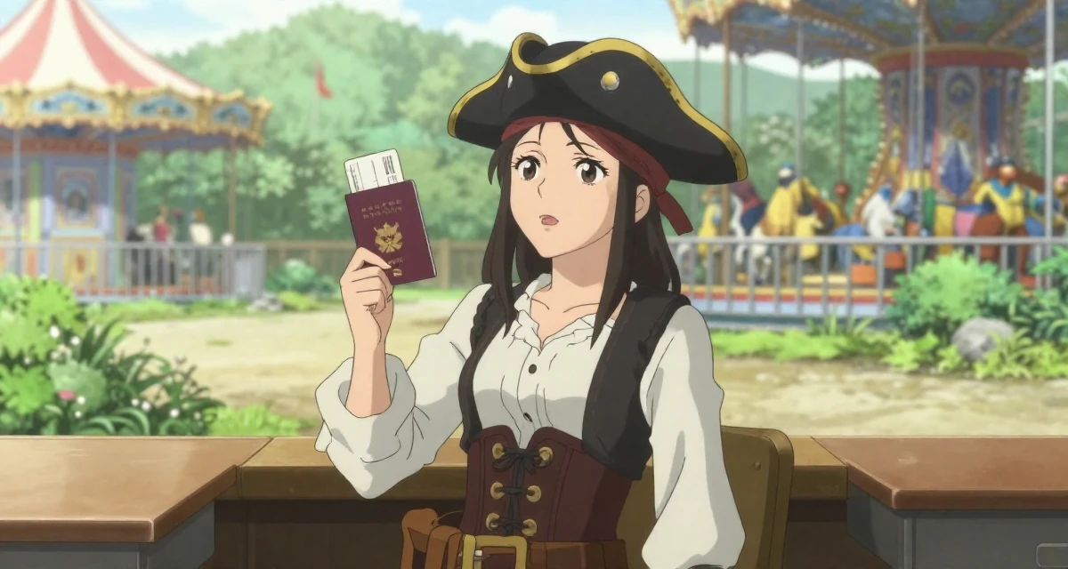 A alluring Female From Japan, majored in animation in their 24, understanding long-term consequences of choices, wearing a pirate captain outfit with a corset and tricorn hat, holding a passport or ticket in a carnival with rides.