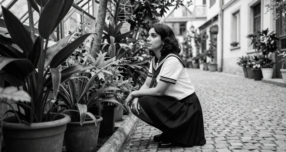 A zen-like Female Grew up in Saudi Arabia, studied visual merchandising in their 30, exploring minimalism and intentional living, wearing a Japanese school sailor uniform (seifuku) with a pleated skirt, glancing sideways in a botanical greenhouse.