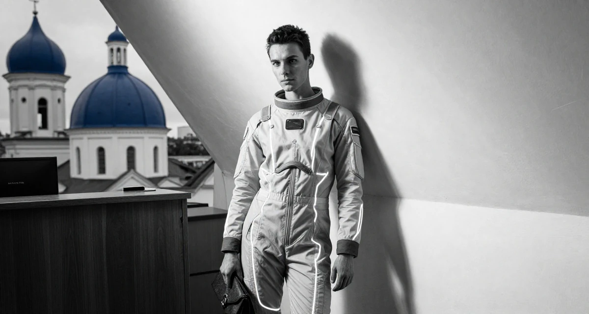 A stoic male Once a gym receptionist, now building her own fan-driven fitness brand in their 24, hitting creative block but needing income anyway, wearing a futuristic space pilot plugsuit with glowing lines, clutching a clutch bag in a attic room.