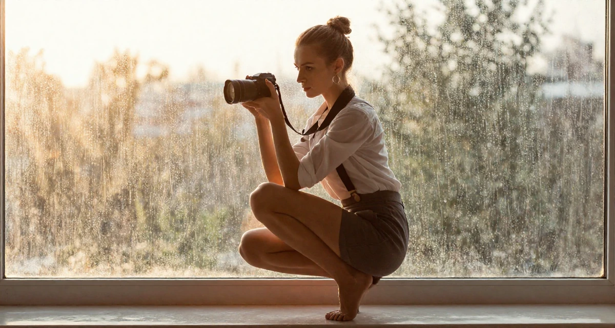 A determined Female From Moscow Russia, trained in rhythmic gymnastics and body control in their 26, learning that trends shift faster than energy can keep up, wearing a high-waisted skirt with suspenders and a shirt, holding a camera in a photo studio.