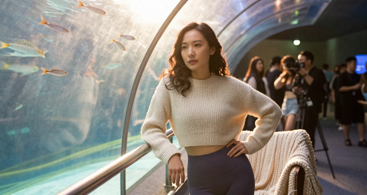 A unbothered Female From Nanjing China, picked up videography working backstage at events in their 34, redefining what success means personally, wearing a cropped knitted sweater and form-fitting yoga pants, grabbing a railing for support in a aquarium tunnel.