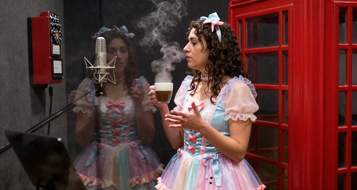 A wistful Female From Italy, majored in photography and visual arts in their 25, exploring lifestyle options and boundaries, wearing a candy-themed magical girl dress with pastel colors, gesturing while talking in a recording booth.