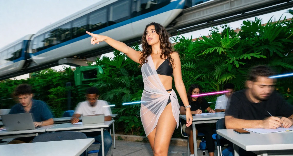 A coy Female Born in Egypt, studied public relations in their 25, balancing social life with evolving ambitions, wearing a sheer sarong skirt over a swimsuit, pointing at something nearby in a classroom setting.