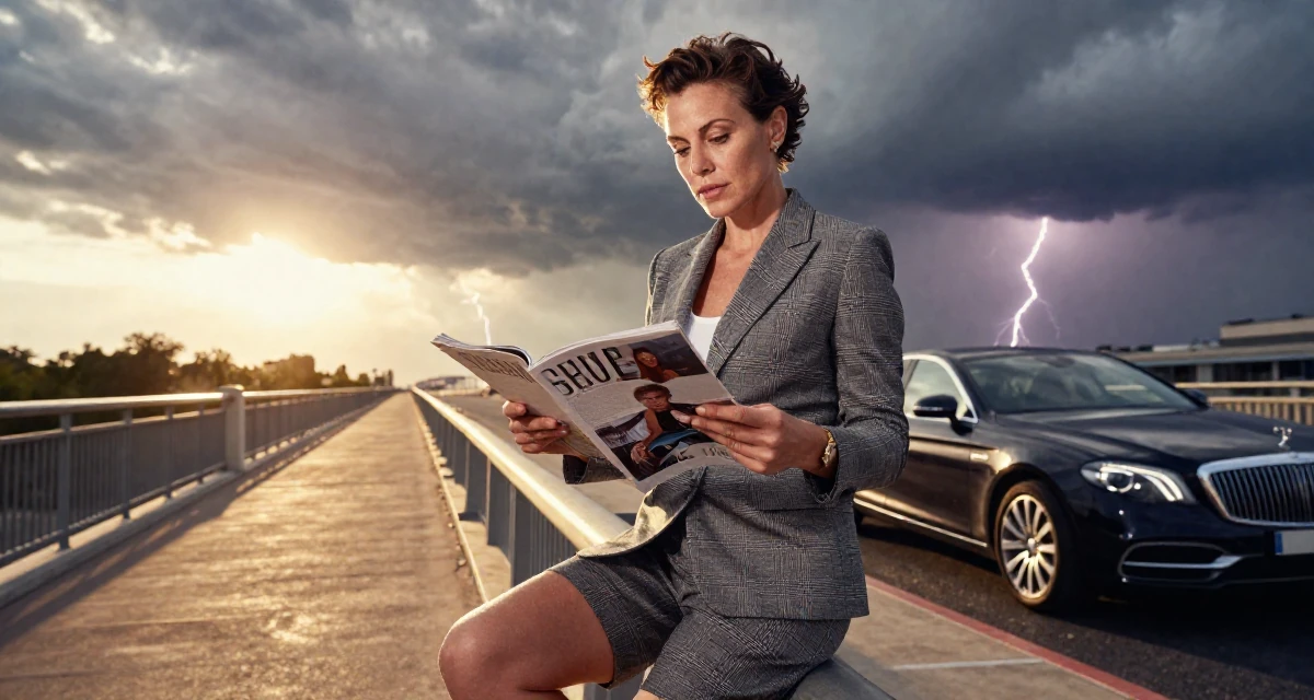 A focused and sharp Female Previously a construction worker, now documenting strength-expressive lifestyle in their 47, navigating the challenges of the sandwich generation, wearing a tailored shorts suit with a matching jacket, flipping through a magazine in a bridge walkway.