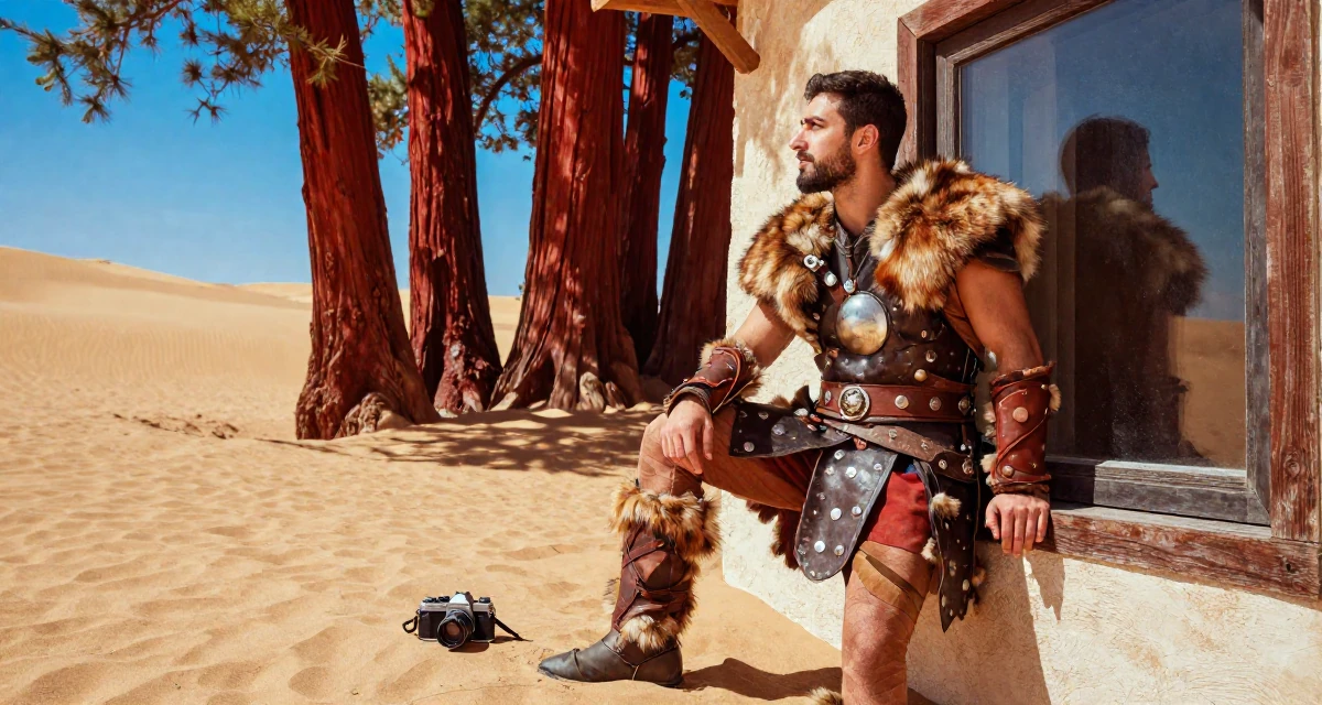 A alluring male From Turkey, has a degree in tourism management in their 27, experimenting with new content formats, wearing a viking shield-maiden outfit with fur and leather, looking out the window in a desert sand dunes.