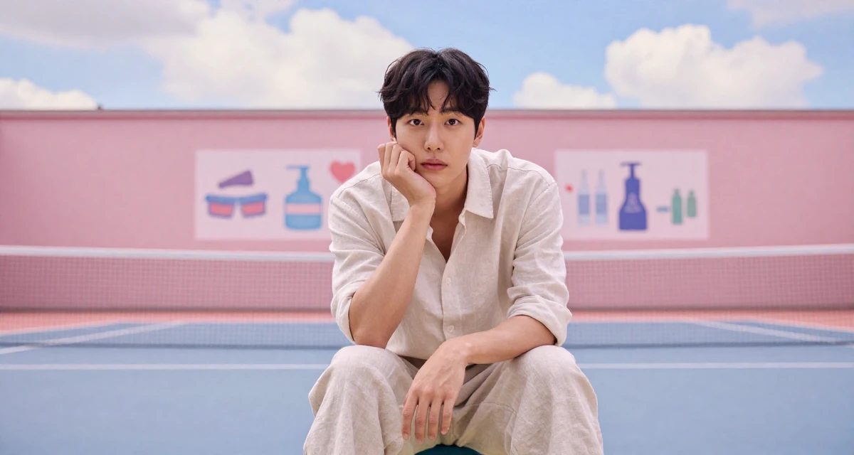 A alluring male From South Korea, has a background in cosmetics chemistry in their 24, understanding personal limits and staying safe, wearing a loose-fitting linen trousers, rubbing hands together for warmth in a tennis court.