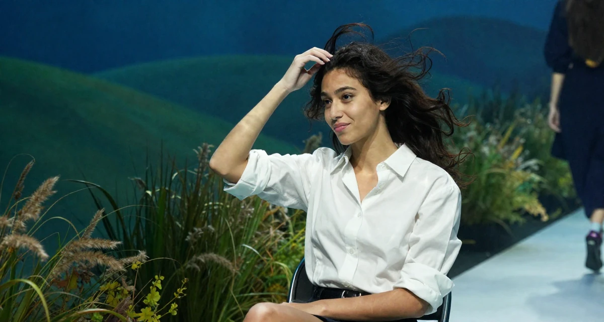 A playful and energetic Female From Italy, majored in photography and visual arts in their 22, learning how to avoid scams and risky promo offers, wearing a crisp button-up with rolled sleeves, scratching a head lightly in a fashion runway.